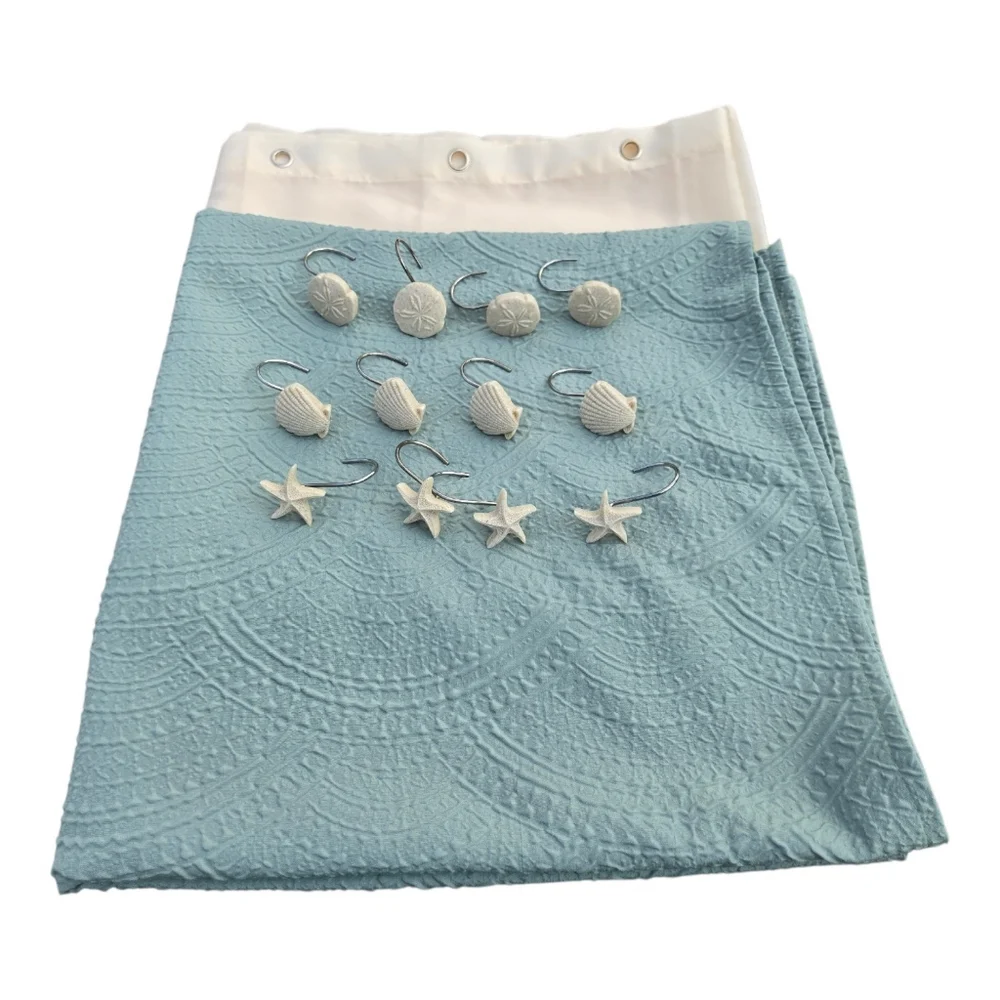 Shower curtain white starfish shell-shaped hooks The Big One Fabric 72 H x 70 W